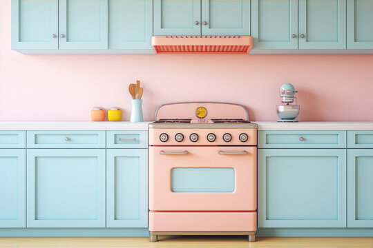 Retro 50s kitchen in mint green and pink colors, with a pink stove and blue cabinets.