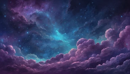 Foto op Canvas Midnight sky shifting from navy blue to royal purple and cosmic teal. Celestial dreamscape with shimmering stars. © xKas