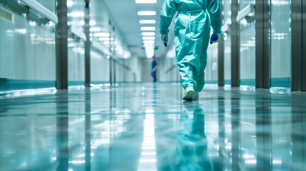 Professional cleaner walking down a hospital corridor - obrazy, fototapety, plakaty