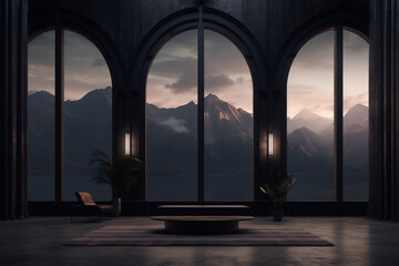 Futuristic living room interior with large arched windows and mountain landscape view in the style of dark futurism