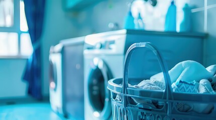 Laundry basket with towels and clothes on the background of a washing machine in the bathroom. Freshly washed towels and clothes, ready to be put away