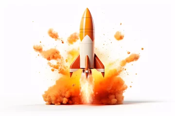 Poster a rocket launching with smoke and clouds of orange and white color © Doina