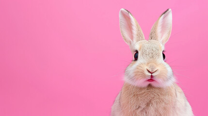 Obraz premium Coelhinho da Páscoa com expressão engraçada de surpresa em fundo rosa com espaço de cópia, banner de Páscoa feliz com coelhinho