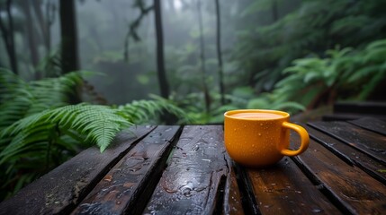 Orange mug on a rainy wooden deck in the forest