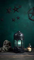 A black lantern with a glowing light inside it, next to a candle and a gray cloth on a wooden table, with a dark green background and stars and a ship wheel on the wall.
