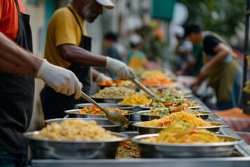 Humanitarian Organization Fighting Hunger: Volunteers Preparing Free Food and Feeding Local Community that is in Need. Charity Workers Serve Noodles and Fruits to Hungry Homeless People. - obrazy, fototapety, plakaty