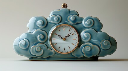 a table clock shaped like oriental clouds, sculpted in ceramic with a glossy painted glazed finish, offering ample space for accompanying text.