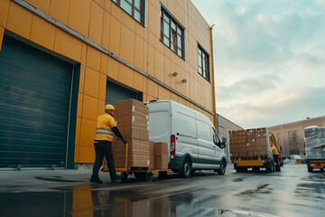 Outside of Logistics Distributions Warehouse: Diverse Team of Workers use Hand Truck Loading Delivery Van with Cardboard Boxes Online Orders  E-Commerce Purchases.