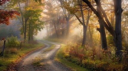 Obraz premium Serene autumn landscape with a winding path at sunrise