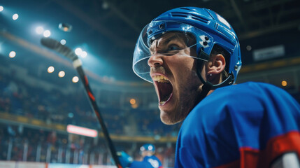 A victorious hockey player exults amidst the roar of the stadium, celebrating the win passionately in a blue jersey, embodying the emotional triumph of the game. - obrazy, fototapety, plakaty
