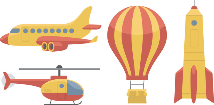 Different modes of air transportation. Airplane, hot air balloon, Spaceship, helicopter.