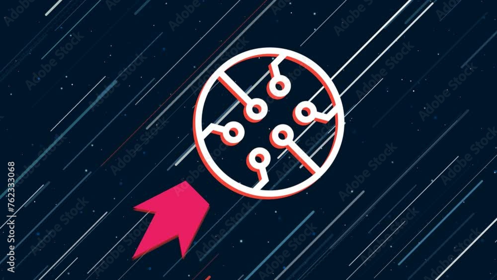 Poster microcircuit symbol flies through the universe on a jet propulsion. the symbol in the center is shak