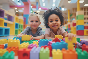 Portrait of Adorable Stylish Children Playing Together in a Kids Room at Shopping Mall. Talented Multiethnic Kids Spending Productive Time in Daycare Playing with Colorful Construction Block Toys