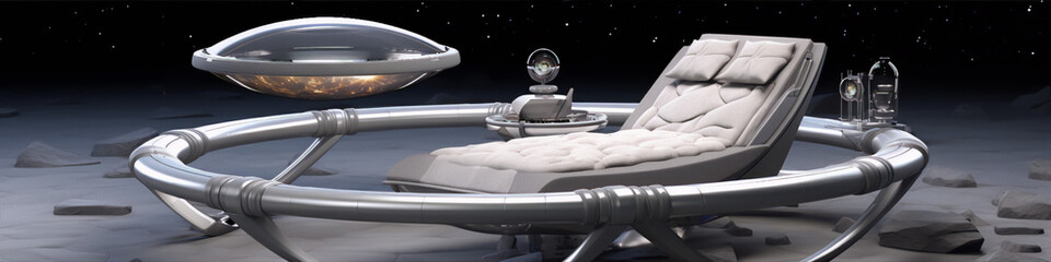 Futuristic moon lounge chair with a view of the stars and an UFO in the distance.
