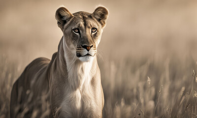 a lioness stood tall in a wide grassland with sharp eyes looking ahead - obrazy, fototapety, plakaty