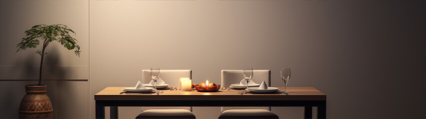 Fototapeta na wymiar Minimalist still life of a dining table with two place settings and a candle in the center.
