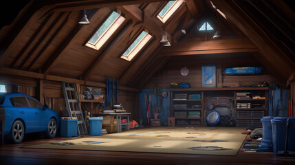 Cozy attic space with a blue car, lots of clutter, and a large window.