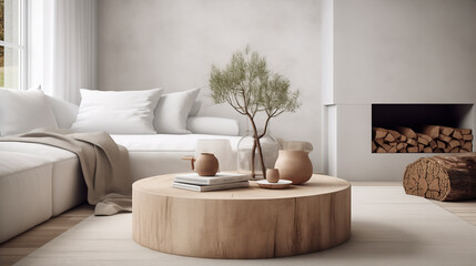 Sleek Living Room with Modern Round Wooden Coffee Table and Cozy White Sofa