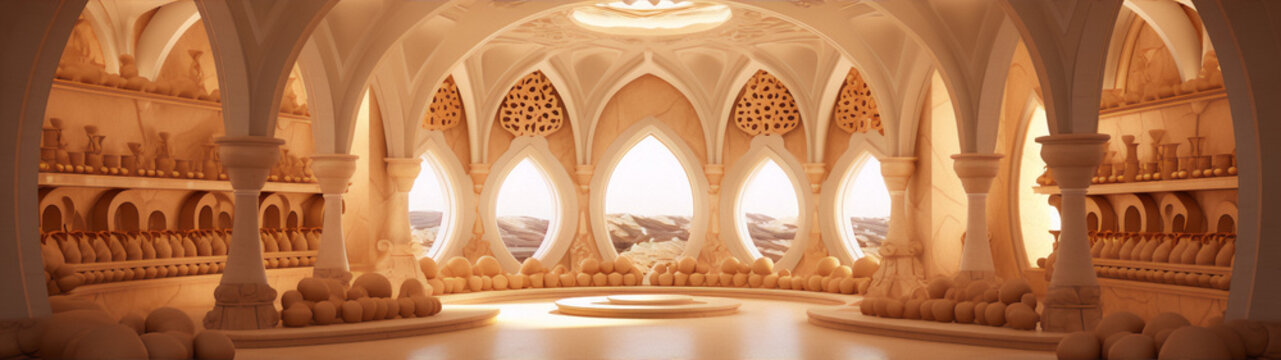 Futuristic middle eastern architecture with intricate patterns and glowing lights