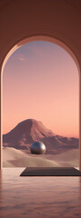 3D rendering of a desert landscape with a large metal sphere in the foreground and a mountain in the background.