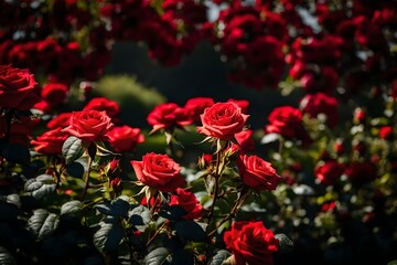 A breathtaking view of a garden adorned with blooming red roses, realistically presented in vivid