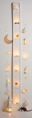 3D illustration of a white wall with paper cutouts of animals, stars, and lanterns in a minimalist style.