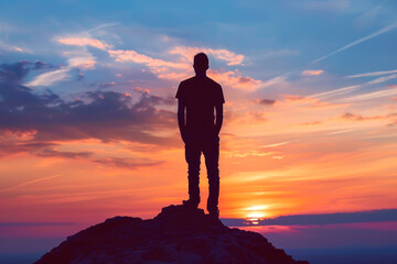 Man standing on rock looking straight. Nature and beauty concept. silhouette at sunset.