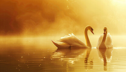 Swans on a golden pond embodying the tranquility and prosperity of nurturing financial dreams and business ideas into millions