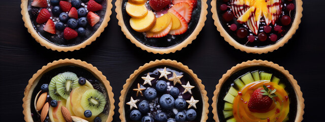 Colorful fruit tarts with blueberries, raspberries, strawberries, kiwi, and peaches. - obrazy, fototapety, plakaty