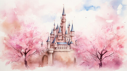 Watercolor castle with pink flower tree, printable interior wall art, watercolor painting, children's room for baby shower, design decor, childhood, cute illustration, pink background, Generative AI
