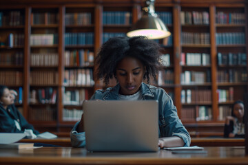 University Library: Gifted Black Girl uses Laptop Writes Notes for the Paper Essay Study for Class...