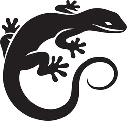 Black silhouette of lizard and geckos in different poses surrounded by foliage and floral elements