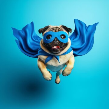 Funny Super Pug dog wearing blue