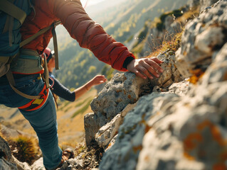 Close-up hands of adventurer helping each other to climb the mountain.  - obrazy, fototapety, plakaty