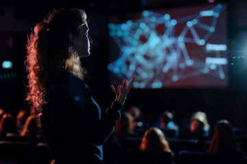 Young Female Teacher Giving a Data Science Presentation in a Dark Auditorium with Projecting Slideshow with Artificial Intelligence Neural Network Architecture. Business Startup and Education Concept