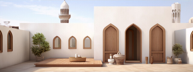 3d illustration of a middle eastern courtyard with a wooden deck, plants, and traditional arabic architecture - obrazy, fototapety, plakaty