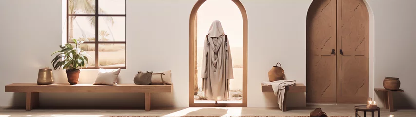 Foto op Canvas 3D rendering of a middle eastern dwelling with a hooded figure in the doorway © samira