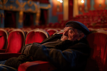 Serene elderly man asleep in theater seat