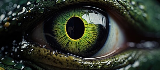 A close up of a lizards eye with striking green iris resembles a human eye. The eyelashlike scales and circular shape capture the beauty of nature - obrazy, fototapety, plakaty