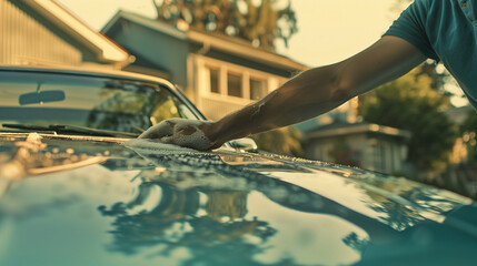 Person hand-washing a car with a sudsy sponge. - obrazy, fototapety, plakaty