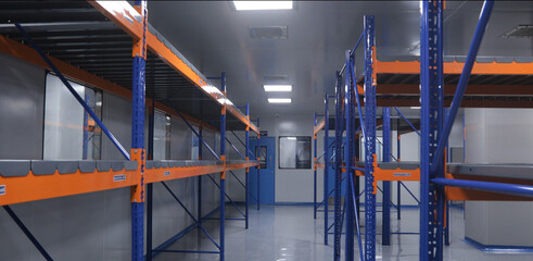 Empty warehouse area with colored racks for storage and epoxy flooring in a pharmaceutical...