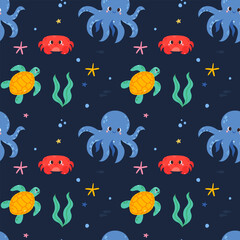 Cute seamless vector pattern with marine animals, marine life, crab, whale, shark, octopus, cute baby pattern