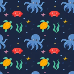 Cercles muraux Vie marine Cute seamless vector pattern with marine animals, marine life, crab, whale, shark, octopus, cute baby pattern