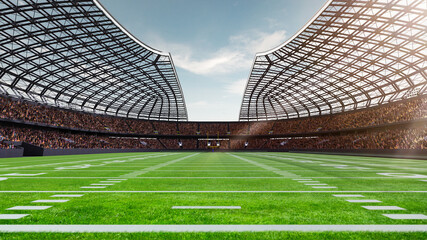 Empty American football arena with grass field view. 3D render. Cloudy noon sky Concept of sport, football, championship, match, game space. Poster, flyer for ad of sport games, events