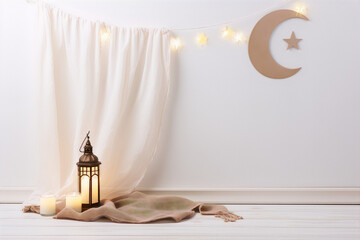 Ramadan Kareem. Beautiful illuminated star and moon on white wall with fabric and lantern.