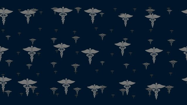 Caduceus symbols float horizontally from left to right. Parallax fly effect. Floating symbols are located randomly. Seamless looped 4k animation on dark blue background