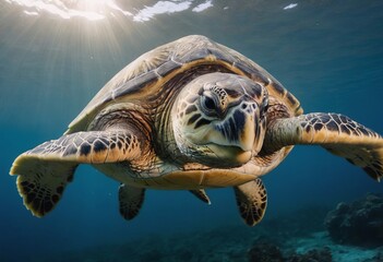 A magnificent giant golden sea turtle spreads its paws and swims in the blue depths of the sea - obrazy, fototapety, plakaty