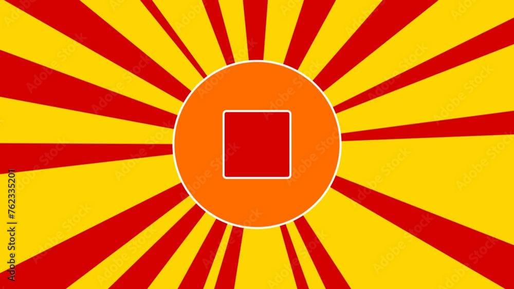 Poster stop media symbol on the background of animation from moving rays of the sun. large orange symbol in