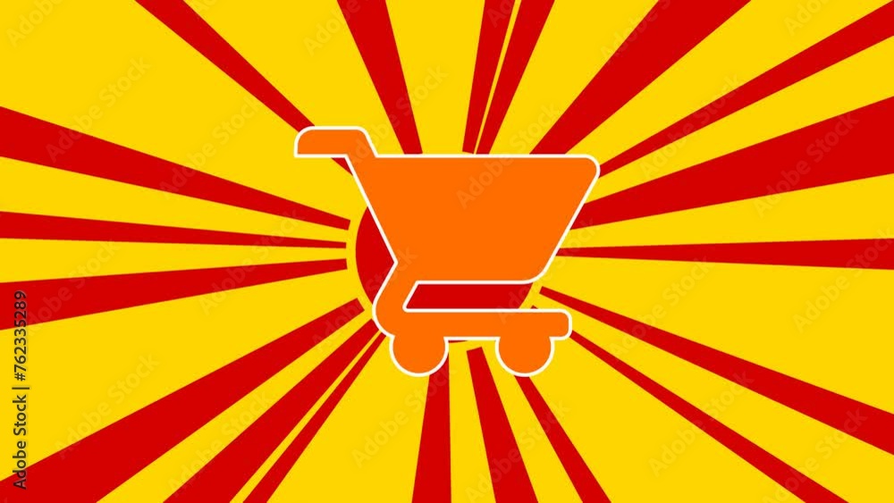Poster shopping cart symbol on the background of animation from moving rays of the sun. large orange symbol