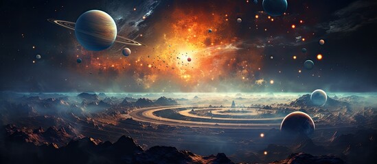 A stunning painting of a galaxy with planets and stars floating in space, creating a dreamy landscape surrounded by a colorful sky and distant moons - obrazy, fototapety, plakaty